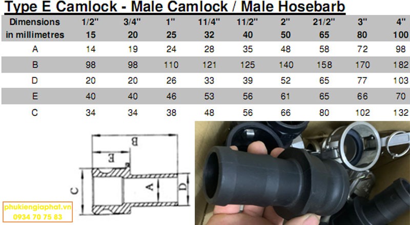 Dimension camlock type E Polypropylene